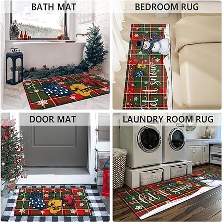 Set of 2, Non Skid Washable Winter Snowman Let It Snow Snowflake Knitted Gloves Xmas Holiday Sink Floor Mat, 17"x47"+17"x30"