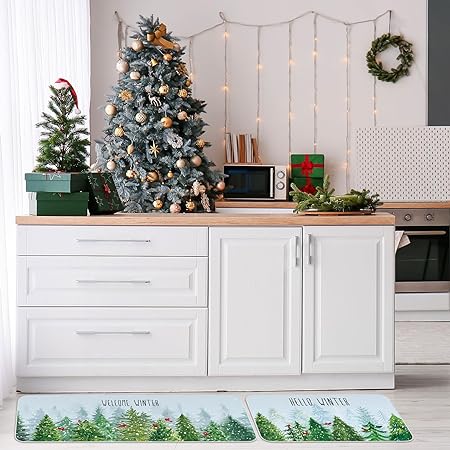 Non Slip Santa Claus Snow Gnome Low Profile Plaid Winter Decorative Christmas Rug 17x29 and 17x47 Inch