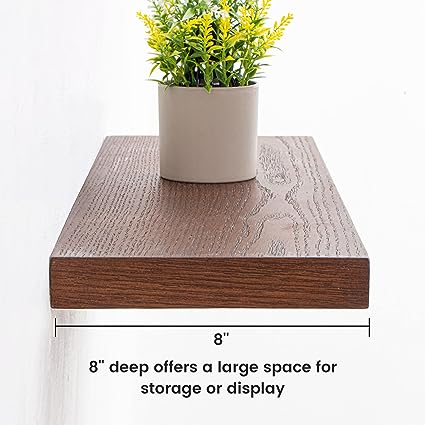 8 Inch Deep Rustic Natural Oak Wood Wall Shelves for Storage, Wall Mounted Wooden Display Shelving for Bedroom, Living Room, 24'' x 8'' Shelves, Natural Oak Color, Set of 2