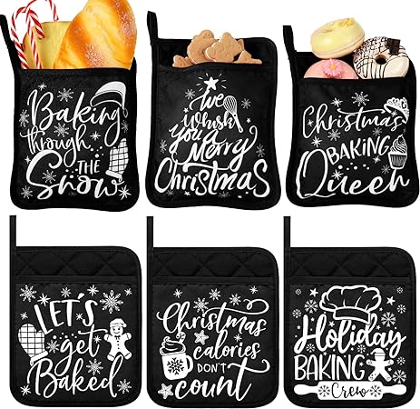 Machine Washable Heat Resistant Christmas Pot Holders with Pocket Xmas Funny Pot Mat, (Black,6 Pieces)