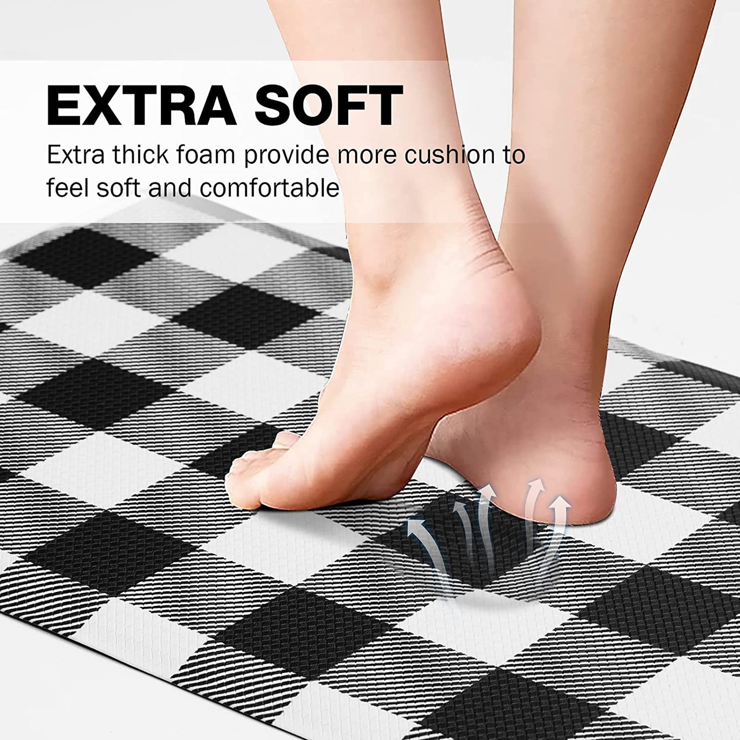 Anti Fatigue Cushioned Black and White Buffalo Plaid Non-Skid & Waterproof Ergonomic Comfort Standing Desk Mat - 17.3"x28"