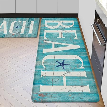 of 2 Anti Fatigue Non Slip Cushioned Kitchen Mats 0.4 Inch Thick Ocean, 17.3''x28''+17.3''x47'', Blue