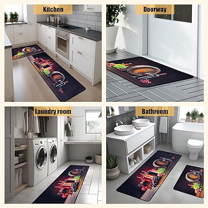 Non Skid Washable Microfiber mats for Kitchen Floor, Kitchen Rules Theme Kitchen Cushioned Runner Rug Decor Sets of 2,Size 17"x 47"+17"x 30"