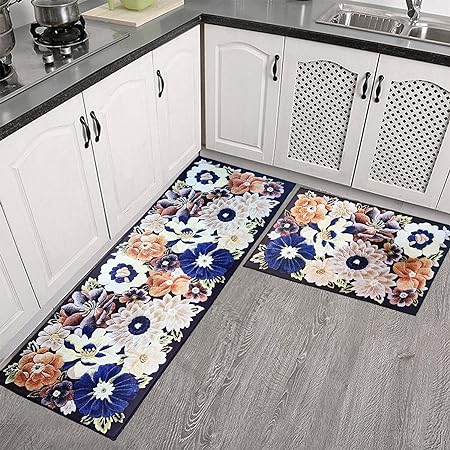 Set of 2 Non-Slip Grey Kitchen Farmhouse Rugs 16 x 31.5 in +16 x 47.3 in (Black Rugs)