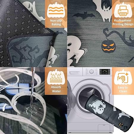 Non Slip Backing Halloween Kitchen Rug Set of 2 (Black, 17"x47"+17"x30")