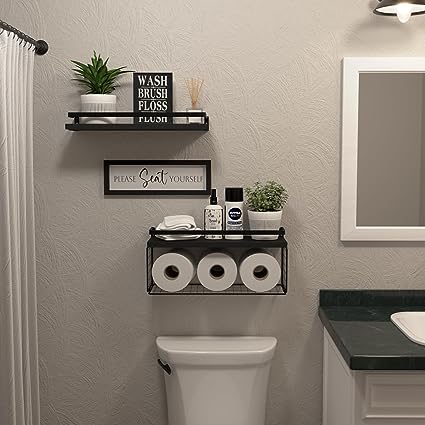 Floating Shelves with Wall Décor Sign, Bathroom Shelves Over Toilet with Wire Storage Basket, Wood Wall Shelves with Protective Metal Guardrail– Black