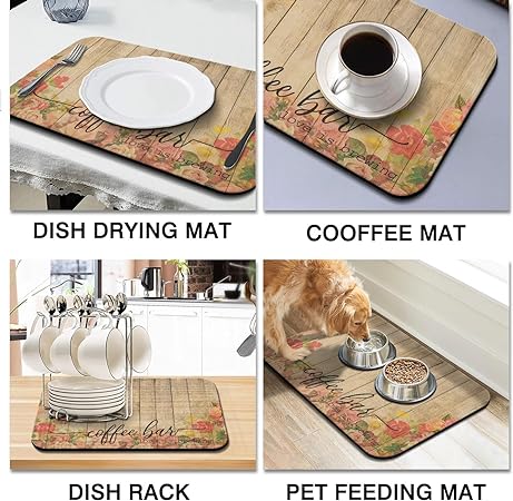 Accessories for Countertop Pioneer Flower Absorbent Hide Stain Rubber Backed Dish Drying Mats, (20x12in)