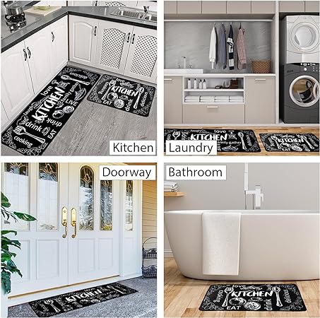 Set of 2 Non-Slip Grey Kitchen Farmhouse Rugs 16 x 31.5 in +16 x 47.3 in (Black Rugs)