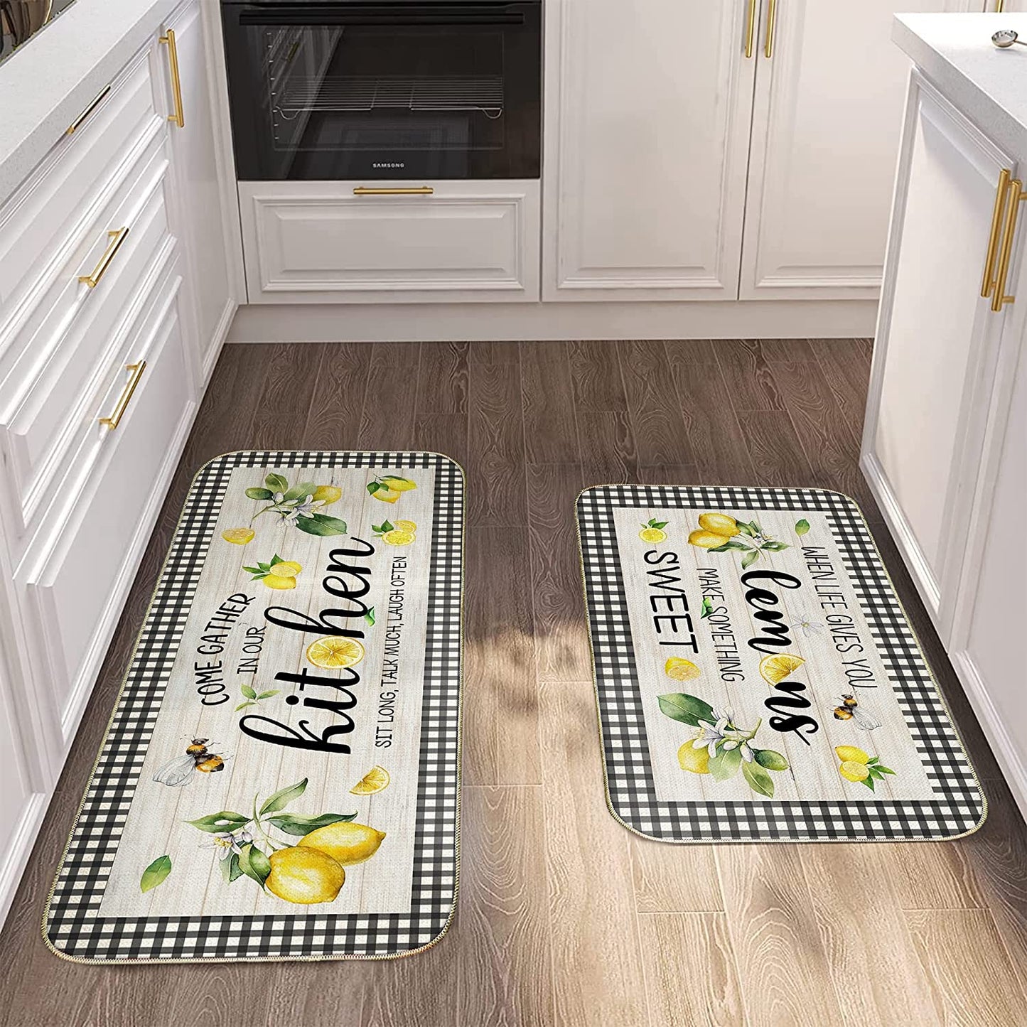 Lemon Kitchen Mat Set of 2, Non Skid Washable Runner Rug 17x29 and 17x47 Inch