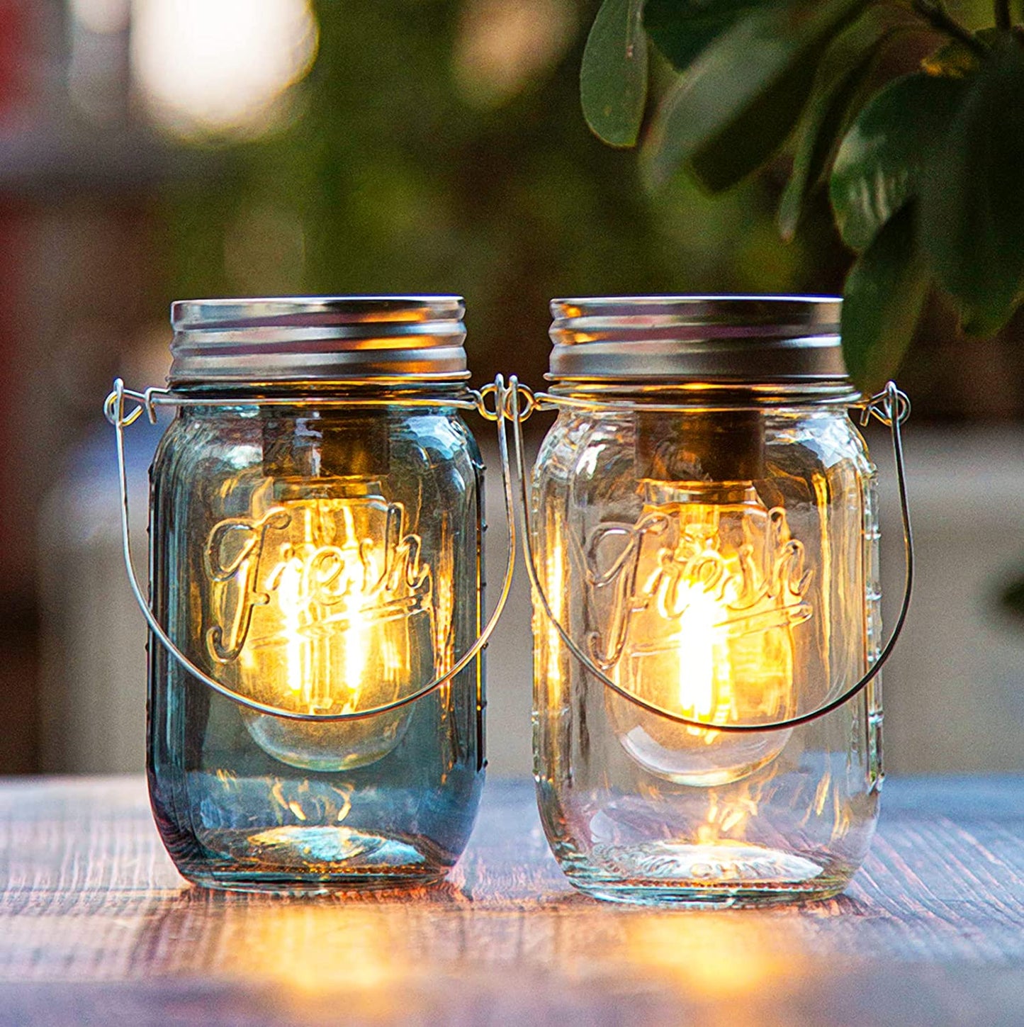 Outdoor Mason Jar Lights Hanging, 2-Pack LED Decorative Garden Lanterns with Timer