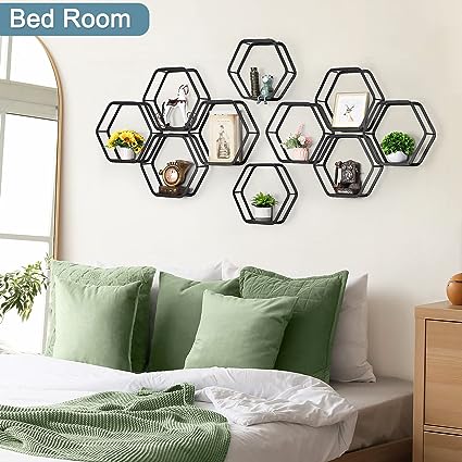 Hexagonal Floating Shelves Wall Mounted Set of 3 Wood Farmhouse Storage Honeycomb Wall Shelf for Bathroom, Kitchen, Bedroom, Living Room, Office,Driftwood Finish