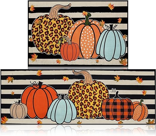 2 Pcs Thanksgiving Pumpkin Non Slip Seasonal Autumn Maple Leaves Striped Floor Mats, 17.7x29.5 and 17.7X 47.2 Inch