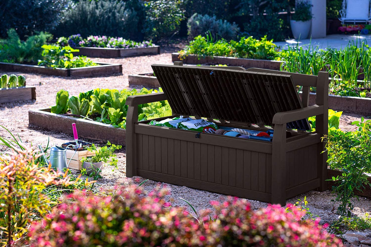 Solana 70 Gallon Storage Bench Deck Box for Patio Furniture, Front Porch Decor and Outdoor Seating – Perfect to Store Garden Tools and Pool Toys, Brown