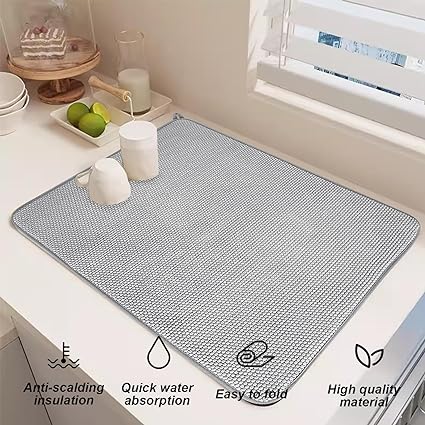 2 Pack Large Dish Drying Mat for Kitchen Counter,24 x 17 inch Absorbent Microfiber Dishes Drainer Mats,XL Dish Drying Pad for Countertops,Racks,Under Sink(Gray)