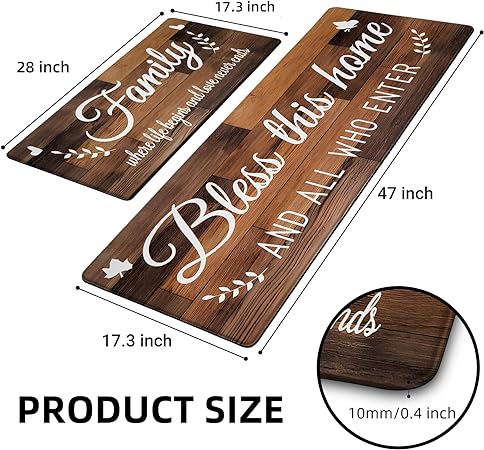 Anti Fatigue Brown Rustic Wood Letter Waterproof Non-Skid Floor Mats Decor 17.3 x 28 +17.3 x 47 Inches Set of 2