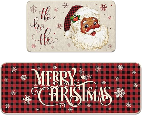 Non Slip Buffalo Plaid Black Santa Claus Mats 17 x 47 Inch and 17 x 29 Inch