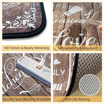 Non Skid Washable Microfiber mats for Kitchen Floor, Kitchen Rules Theme Kitchen Cushioned Runner Rug Decor Sets of 2,Size 17"x 47"+17"x 30"