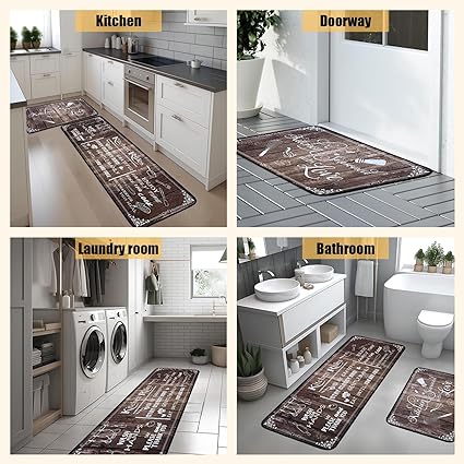 Non Skid Washable Microfiber mats for Kitchen Floor, Kitchen Rules Theme Kitchen Cushioned Runner Rug Decor Sets of 2,Size 17"x 47"+17"x 30"