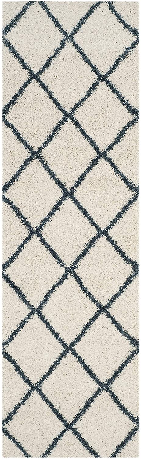 Diamond Trellis Ivory/Slate Blue Soft Plush Shag Area Rug 2-inch Thick