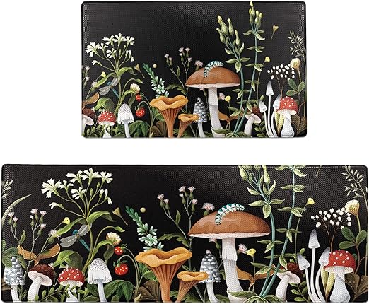 Set of 2 Anti Fatigue Mushroom Non-Skid Washable Kitchen Runner Rug, 17.5"x29.5"+17.5"x47"