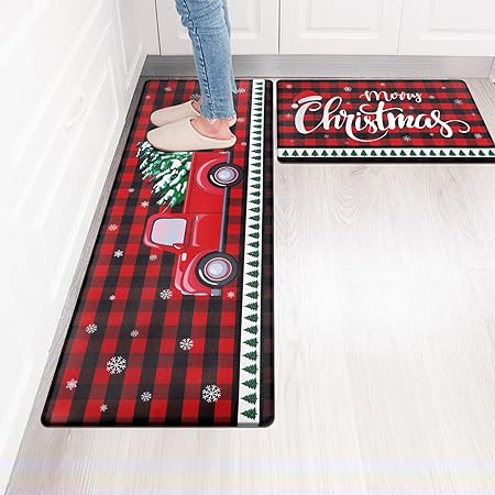 Set of 2 Anti-Fatigue Kitchen Mats Cushioned Red Plaid Christmas Truck Kitchen Rugs.17"x27.5"+17"x47"