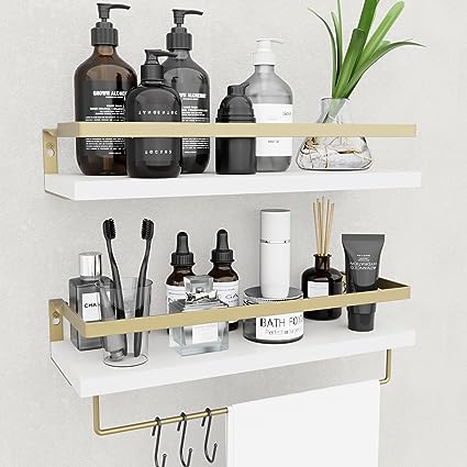 Home Decor Floating Shelves with Towel Bar/Hooks, (Gold-White)