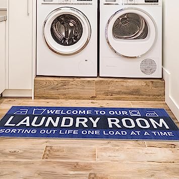 Machine Washable Checkered Border Laundry Room Rug Non-Slip Rubberback 2x3 Laundry Area Rug