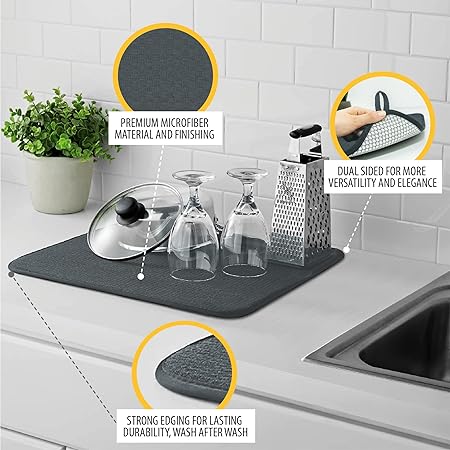 Super Absorbent Microfiber Premium Dish Drying Mat Dual Surface (Black)