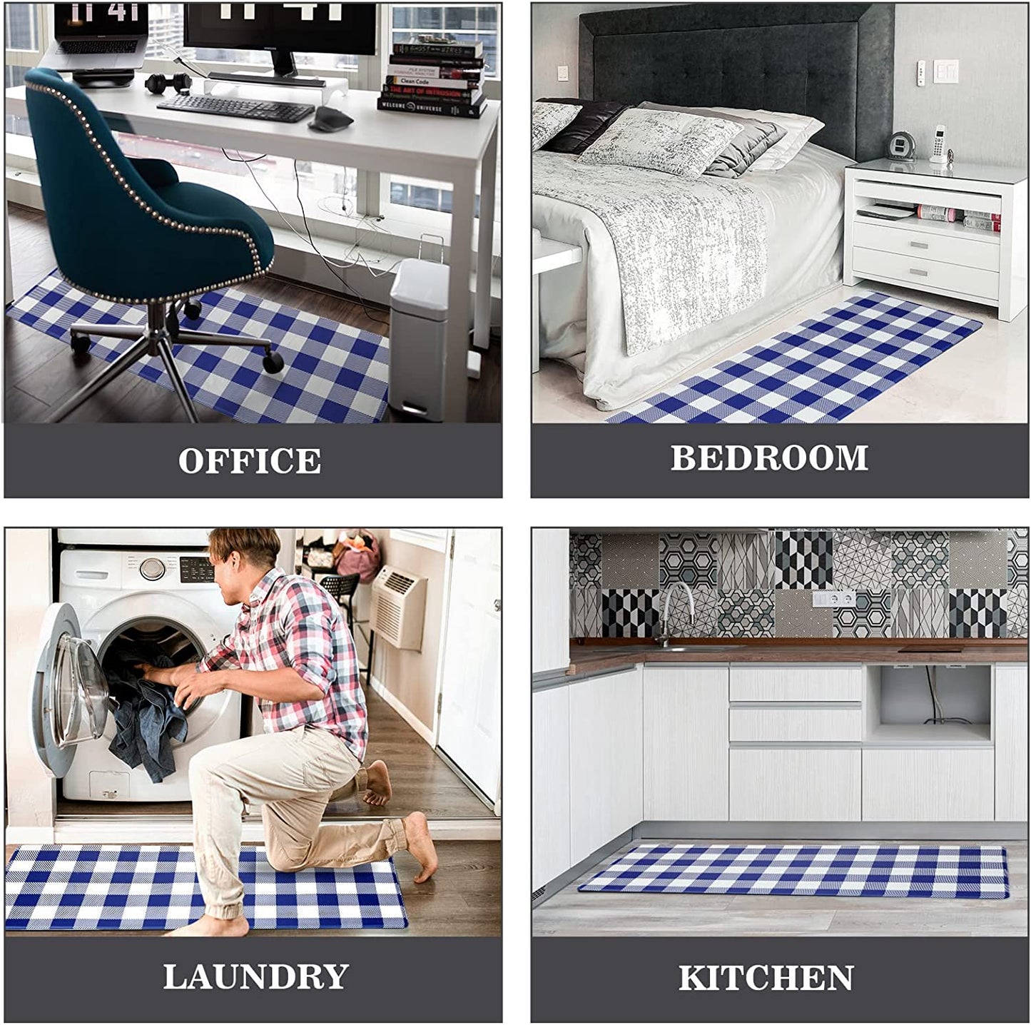 2 PCS Anti Fatigue Non Skid Waterproof Cushioned Black and White Kitchen Rugs