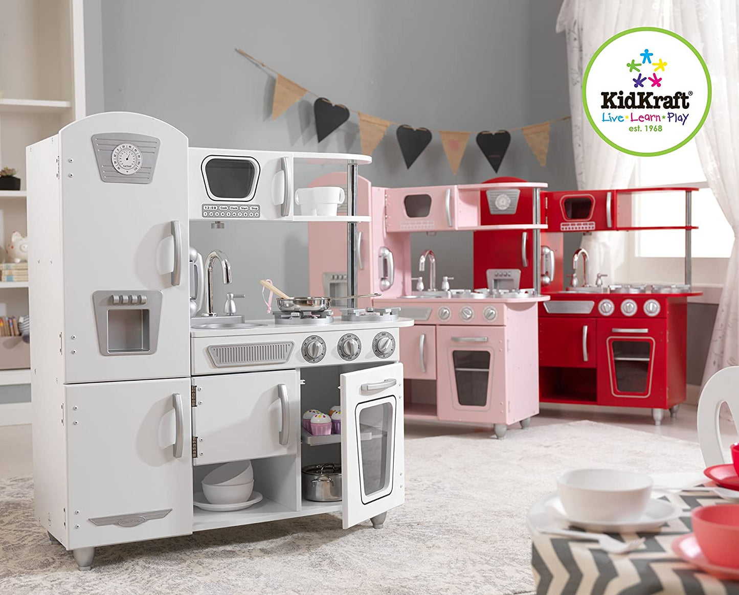 Vintage Wooden Play Kitchen with Pretend Ice Maker and Play Phone, Pink,