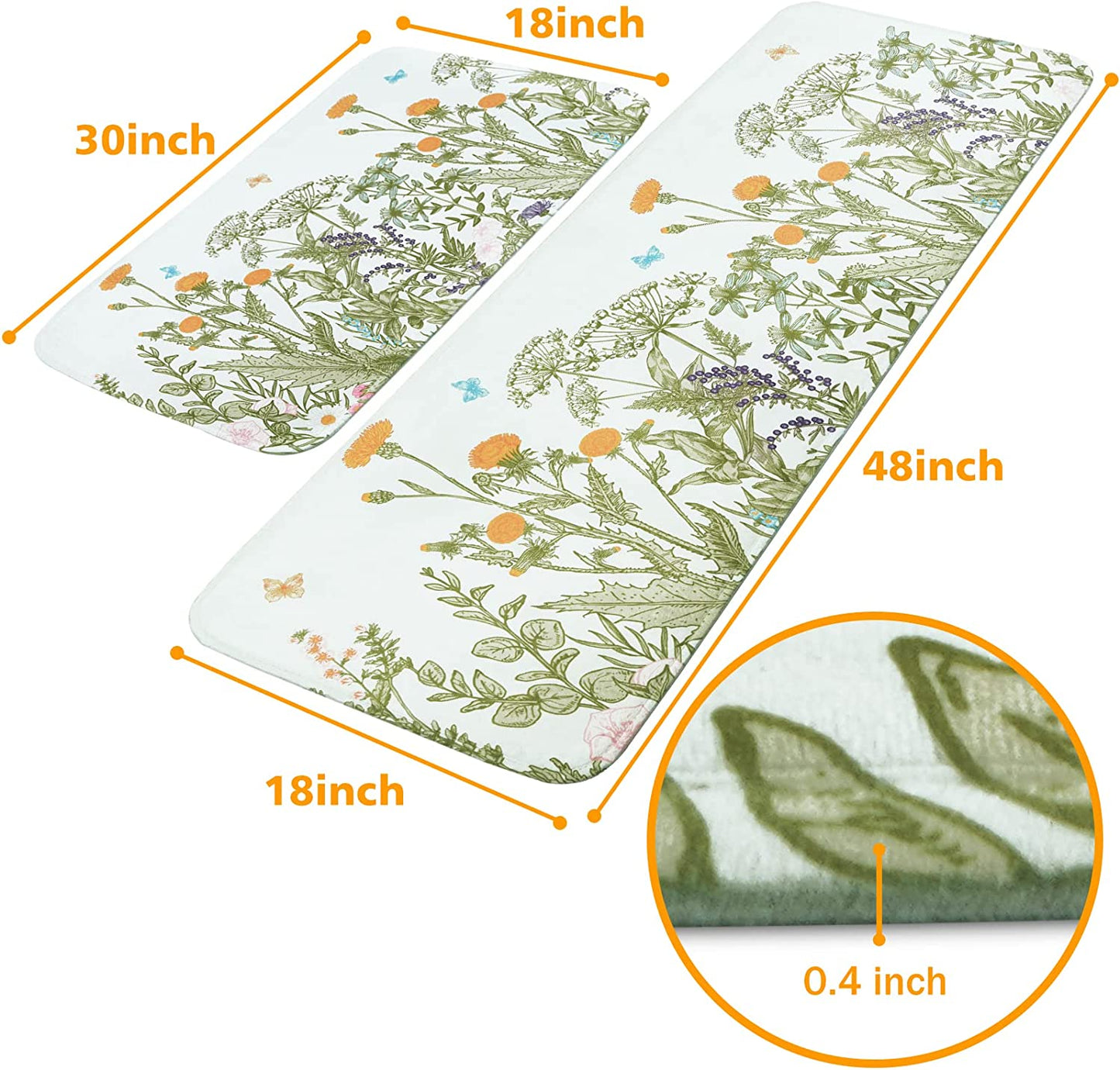 2 PCS Cushioned Floral, Flowers Anti Fatigue Kitchen Rugs  - 18'' x 48'' + 18'' x 30''