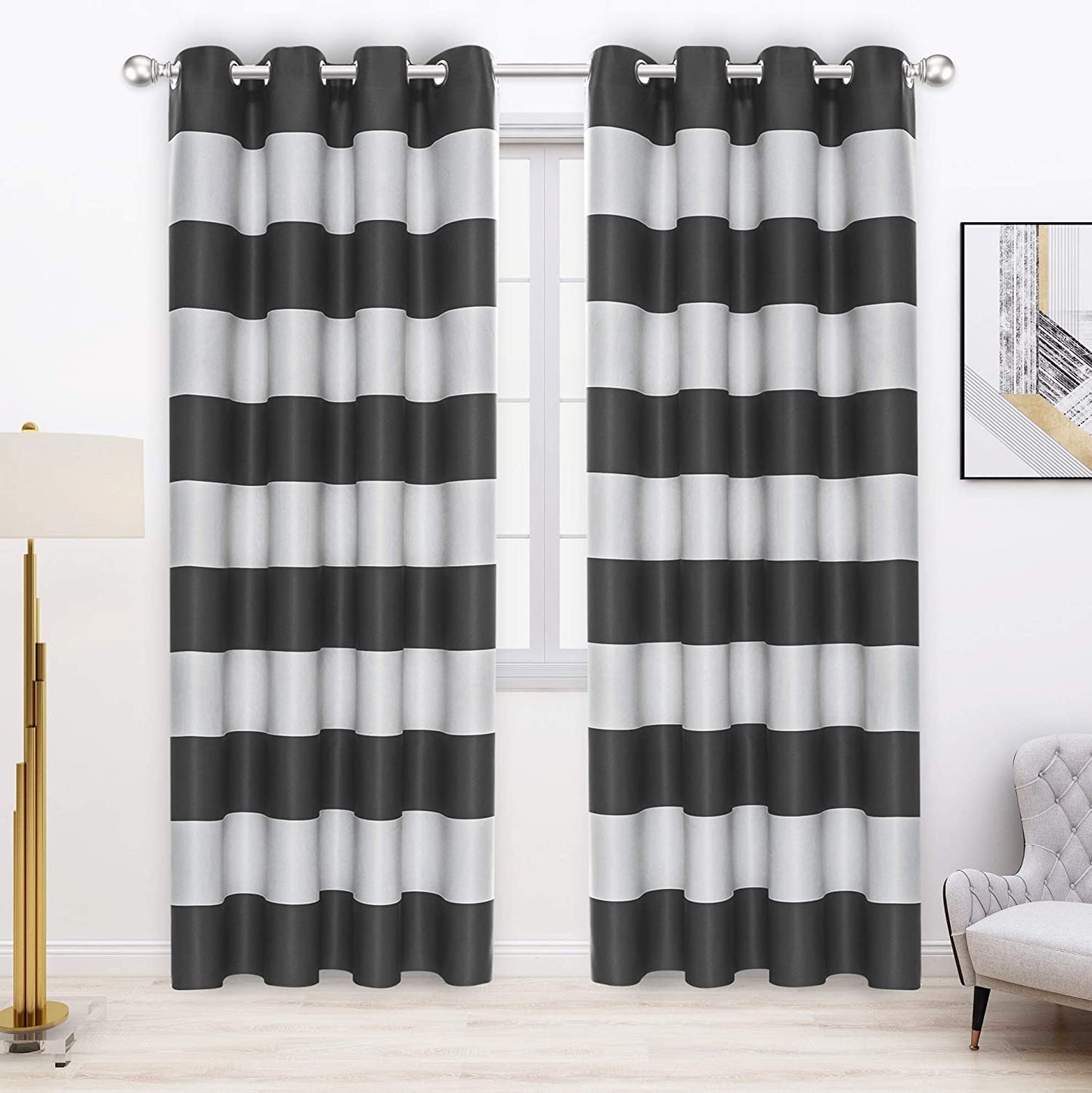 Stripe Window Curtains for Bedroom - Grommet Room Darkening Curtain, Thermal Insulated, Noise Reducing and Light Blocking Drapes 2 Panels