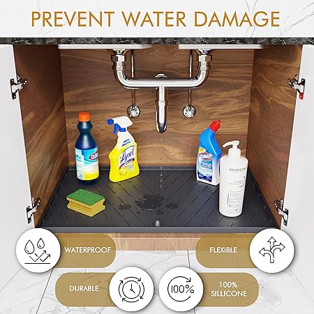 Waterproof  Designed in USA - Under Sink Mat for Bottom of Kitchen Sink Cabinets (Black) - 100% BPA Free, 34" x 22" x 1"