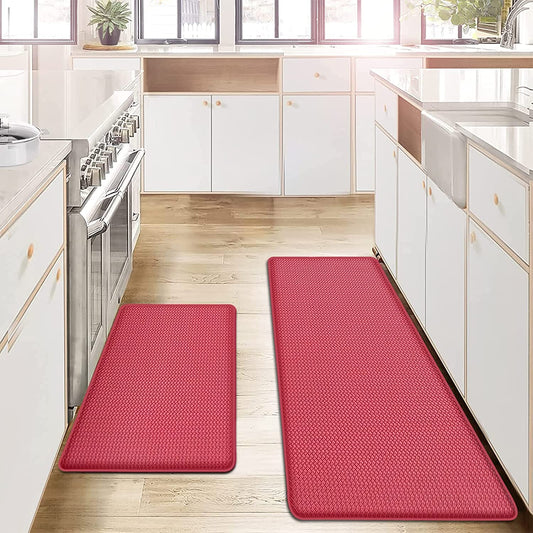 Set of 2 Cushioned Anti Fatigue Non Slip Waterproof Kitchen Mats 17"x29" +17"x59", Pink Red