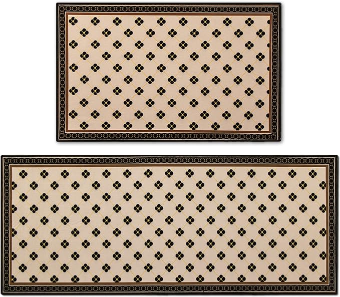 2 PCS Vintage Water Absorb Microfiber Non Skid Washable Farmhouse Kitchen Mats and Rug Set - 17"x29.5"+17"x47", Beige&Black