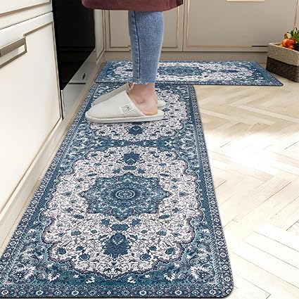 Set 2 Pieces,0.4 Inches Thick Non Slip Kitchen Rugs and Mats Teal Wood Cushioned Anti Fatigue Floor Mat Waterproof Comfort Standing Runner Sink Rug,17.3 x 28+17.3 x 47 Inch