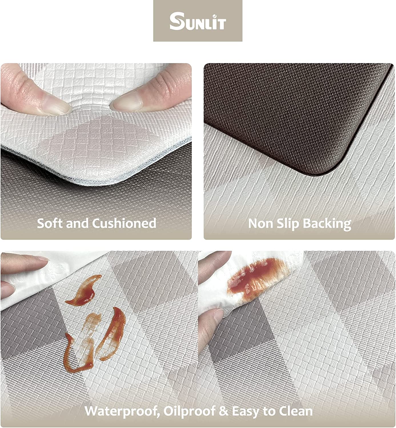 Set of 2 Anti Fatigue, Non Slip Waterproof Comfort, 0.4 Inch Thick, Gray and White Buffalo Plaid (Size:17"x28"&17"x47")