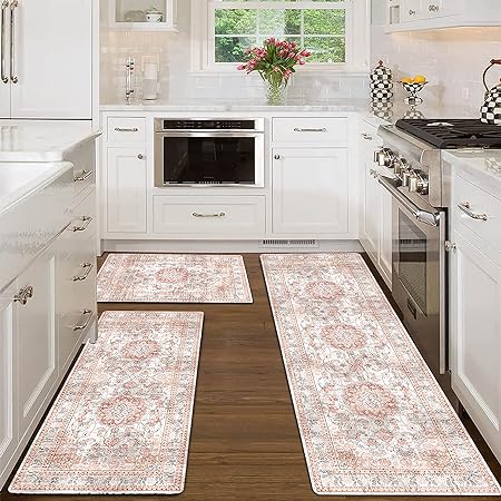 Sets of 3 Non Slip Washable Pink Durability Easy to Wipe Low-Profile Runner Rug, 20"x32"+20"x48"+20"x59"