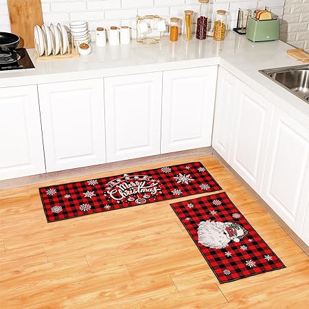 Non Slip Washable Xmas Red Black Buffalo Plaid Snowflake Floor Mat, 29x15 and 47x15 in