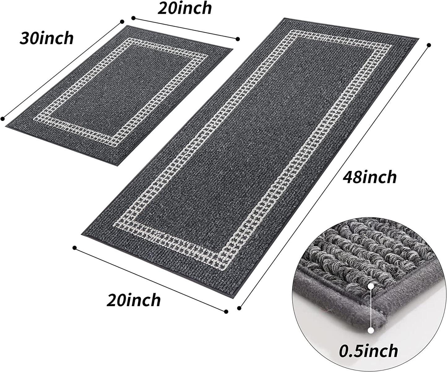 [2 PCS] Super Absorbent, Non-Skid, Washable, Polypropylene, Blue Kitchen Rugs and Mats 48x20 Inch/30X20 Inch