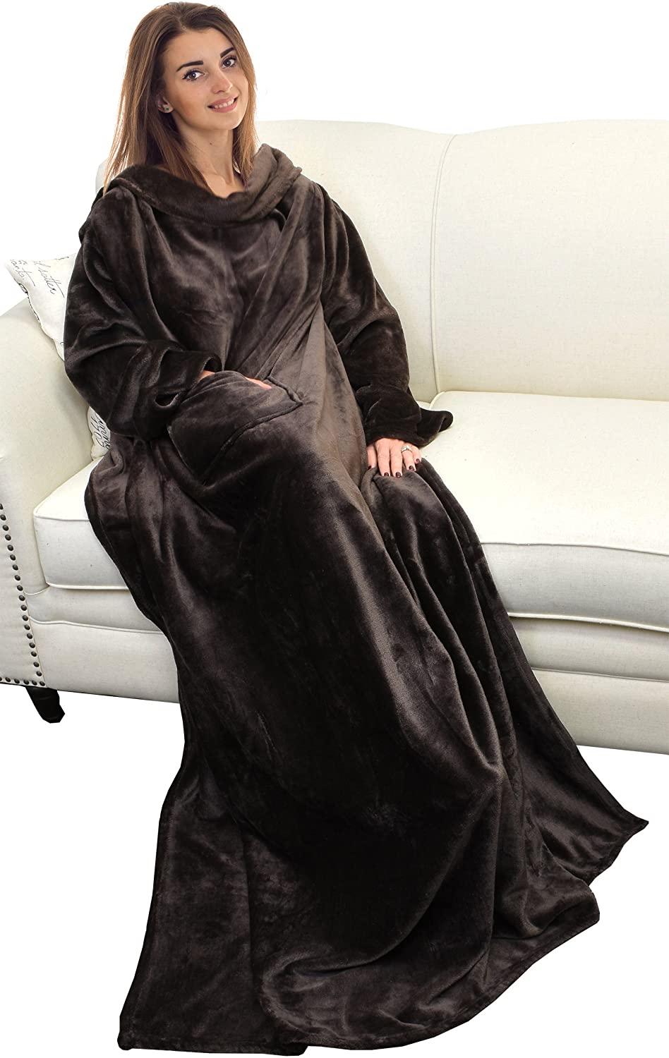 Wearable Blanket with Sleeves and Pocket, Cozy Soft Fleece Mink Micro Plush Wrap Throws Blanket Robe for Women and Men 73" x 51"