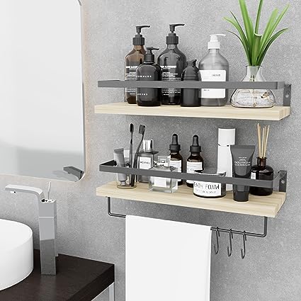 Home Decor Floating Shelves with Towel Bar/Hooks, (Gold-White)