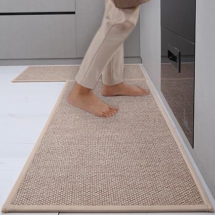 2 PCS Washable Non Slip Kitchen Runner Rugs Cushioned Anti Fatigue for Kitchen, Floor Home, Office, Laundry (17"x47"+17"x29",Khaki)