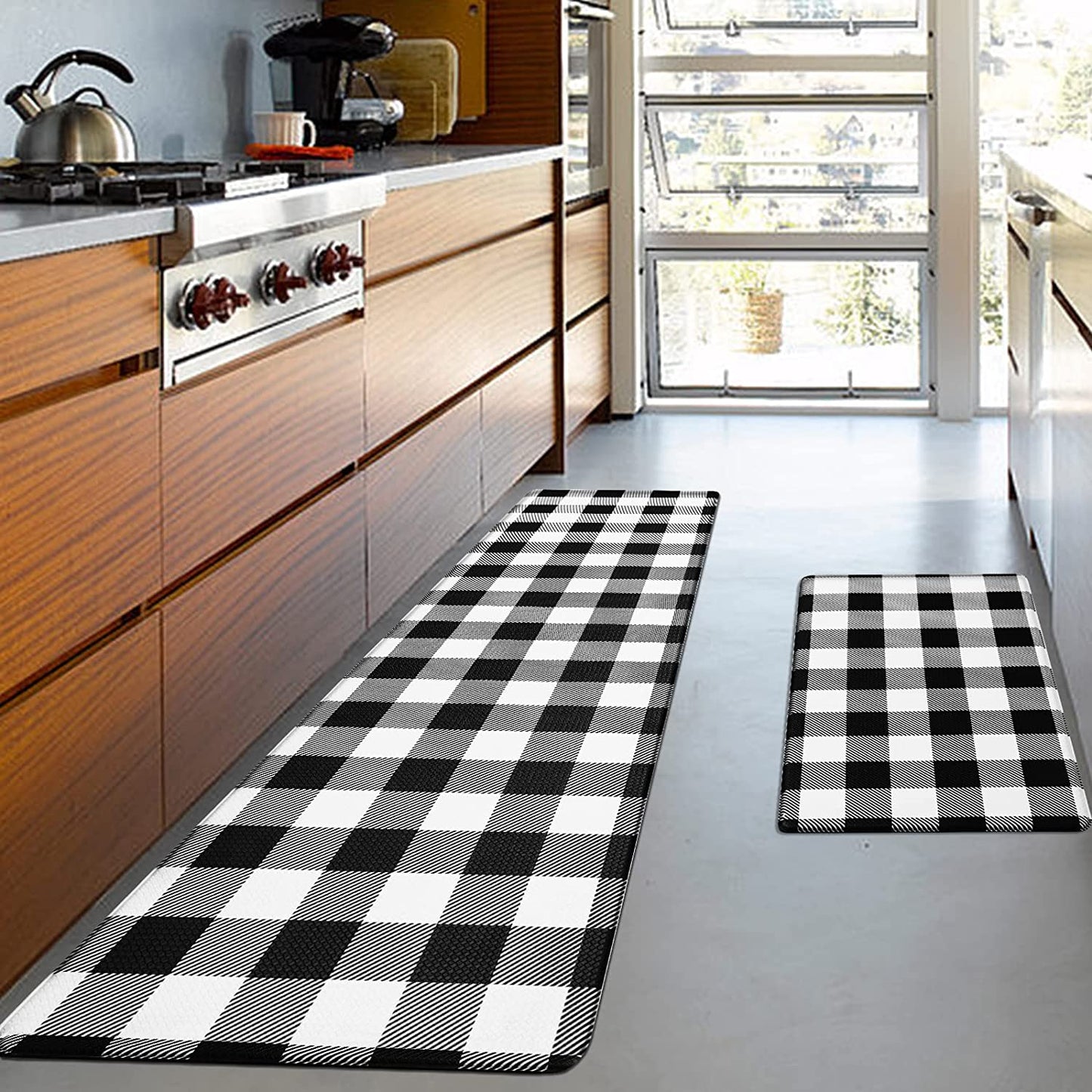 2 PCS Anti Fatigue Non Skid Waterproof Cushioned Black and White Kitchen Rugs