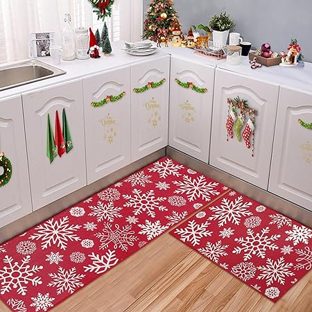 Washable Decorative Non Skid Christmas Kitchen Runner Mat, 17"x29"+17"x47"