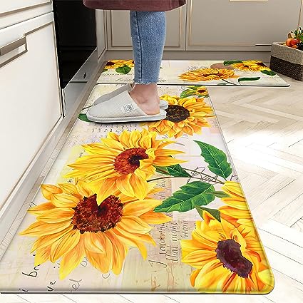 Sunflower Decor Set of 2 Anti Fatigue Yellow Vintage Floral Farmhouse Non Skid Waterproof Sink Carpet (17.3 x 28 inch+17.3 x 47 inch) Kitchen Floor Mats