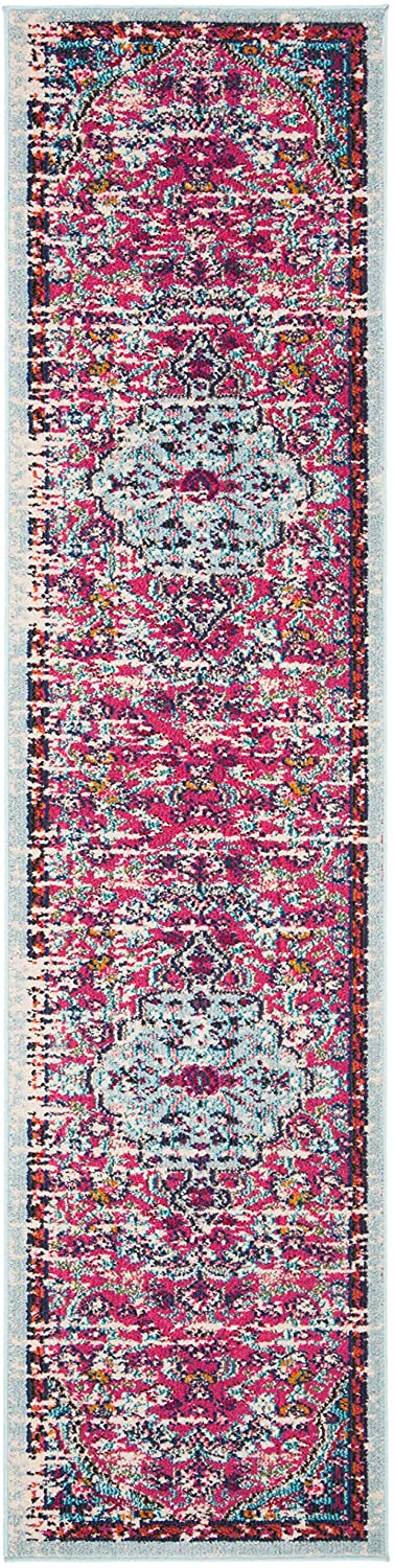 Boho Chic Vintage Medallion Distressed Runner,  Fuchsia/Teal