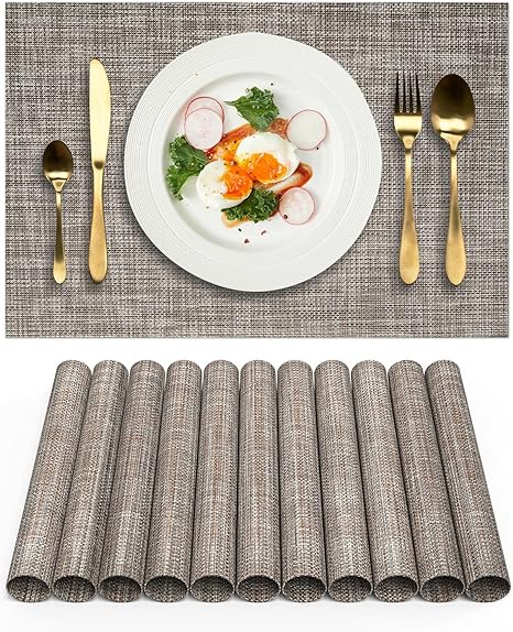 Set of 8 Heat-Resistant Non-Slip Washable Indoor/Outdoor Woven Vinyl Placemats for Kitchen Dining Table (12x18 Inches, Coffee-Colored)