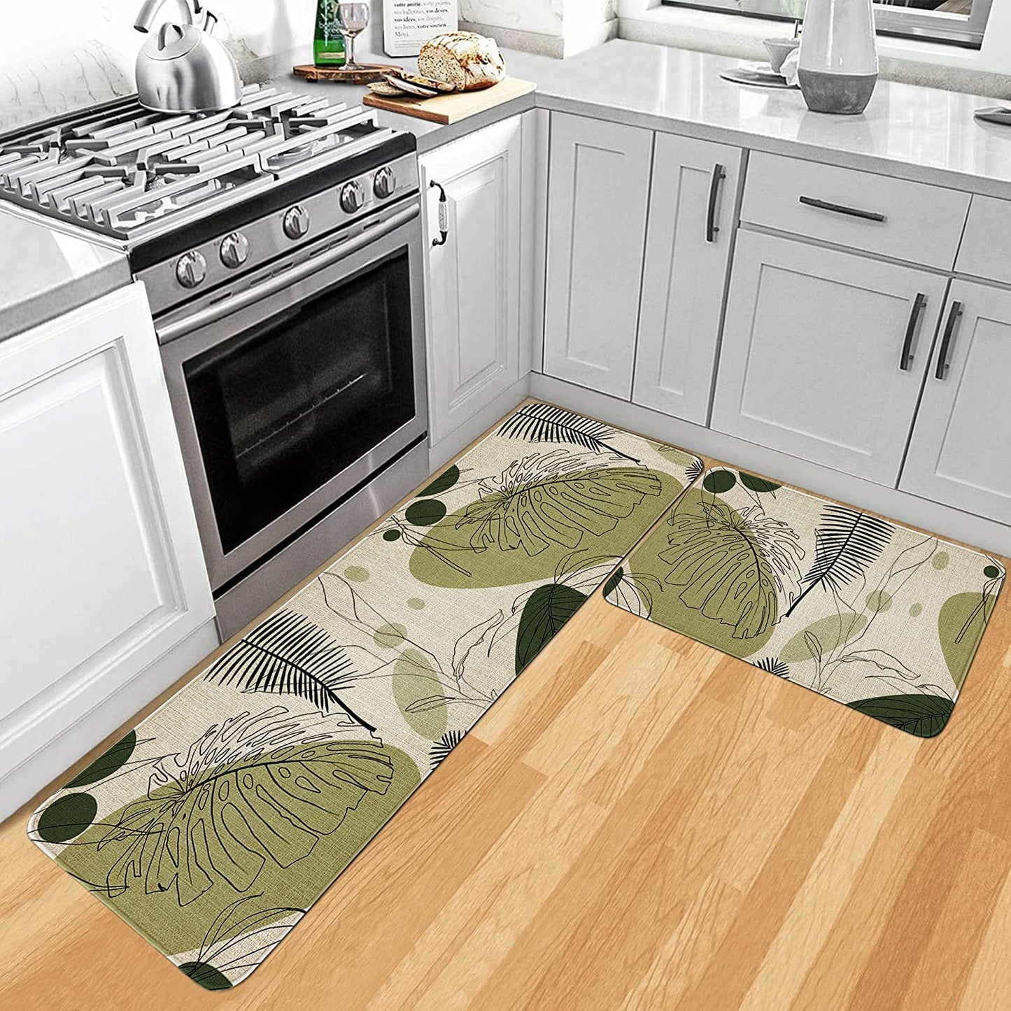 2 Pieces Natural Rubber Boho Kitchen Mats (17" Wx30 L+17" W x 47" L Palm Tree Leaves)