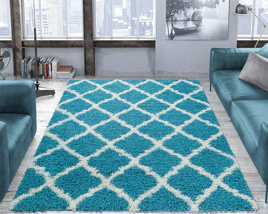 Turquoise Blue White Soft Shag Area Rugs